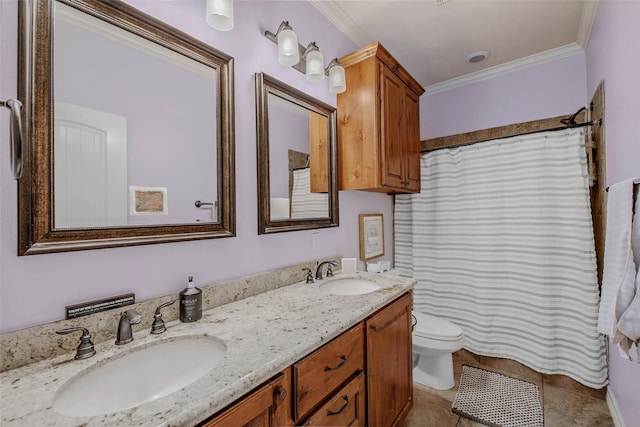 17817 Ranch House Rd, College Station, TX 77845 - bathroom featuring double vanity, crown molding, tile patterned flooring, and a shower with shower curtain