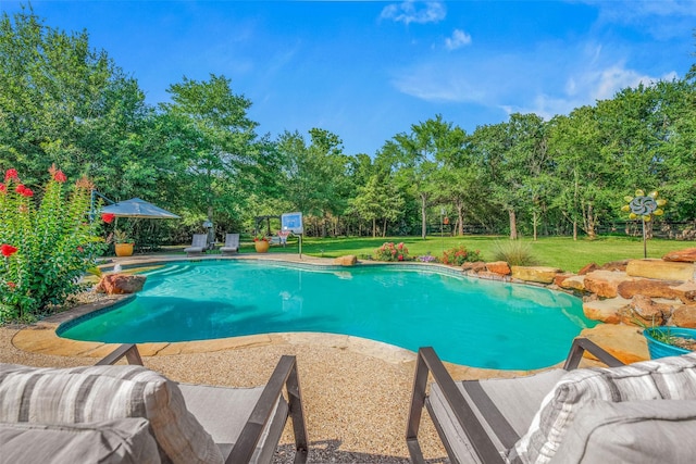 17817 Ranch House Rd, College Station, TX 77845 - outdoor pool featuring a yard and view of wooded area