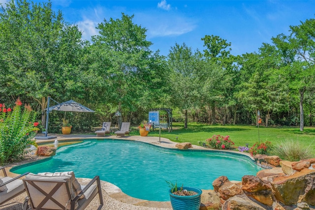 17817 Ranch House Rd, College Station, TX 77845 - swimming pool with a yard, view of wooded area, and a patio area
