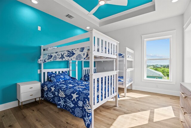 210 Galveston St, Crystal Beach, TX 77650 - bedroom with ornamental molding, wood finished floors, recessed lighting, and ceiling fan