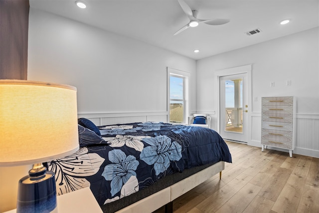 210 Galveston St, Crystal Beach, TX 77650 - bedroom featuring light wood finished floors, a wainscoted wall, recessed lighting, and ceiling fan