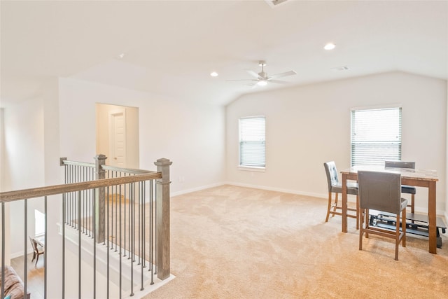 21018 Cypress Creek View Ct, Humble, TX 77338 - home office featuring vaulted ceiling, light colored carpet, a ceiling fan, and recessed lighting