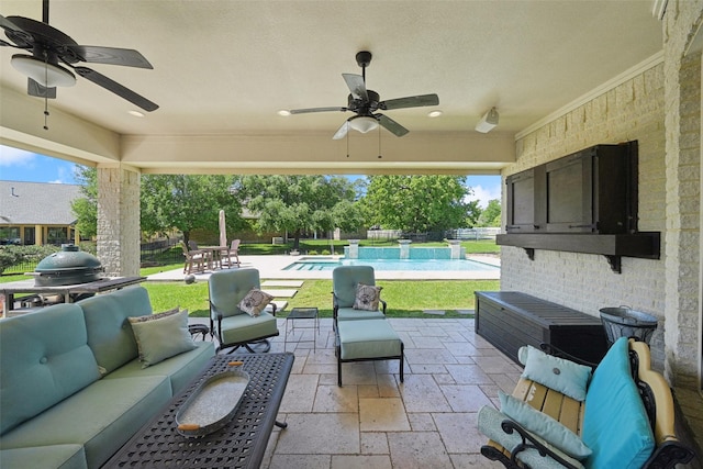 5924 Oak Leaf Ct, Conroe, TX 77304 - view of patio / terrace featuring an outdoor living space, a ceiling fan, and an outdoor pool