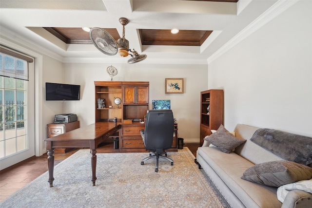 5924 Oak Leaf Ct, Conroe, TX 77304 - home office featuring wood finished floors, a raised ceiling, and crown molding