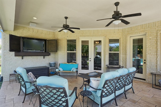 5924 Oak Leaf Ct, Conroe, TX 77304 - view of patio / terrace featuring french doors, a ceiling fan, an outdoor living space, and outdoor dining area