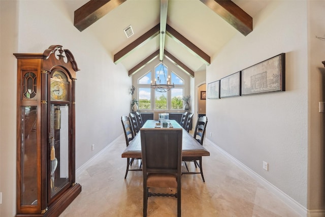 5924 Oak Leaf Ct, Conroe, TX 77304 - dining space featuring a chandelier, beam ceiling, and high vaulted ceiling