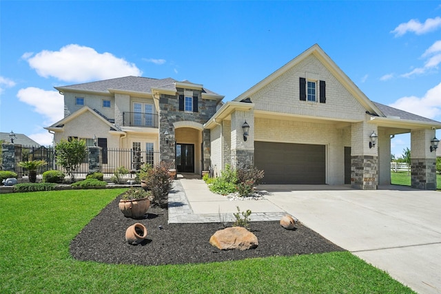 5924 Oak Leaf Ct, Conroe, TX 77304 - view of front of house featuring french doors, concrete driveway, a balcony, stone siding, and brick siding