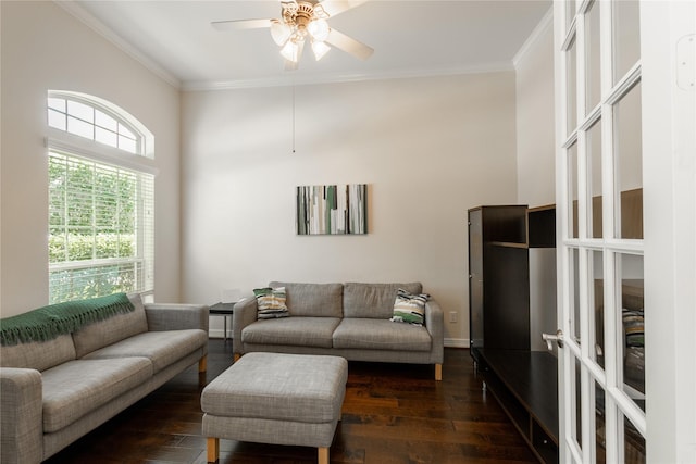 28423 Tanner Crossing Ln, Katy, TX 77494 - living room featuring ornamental molding, hardwood / wood-style floors, a ceiling fan, and a high ceiling