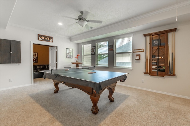 28423 Tanner Crossing Ln, Katy, TX 77494 - playroom with crown molding, light carpet, ceiling fan, recessed lighting, and billiards