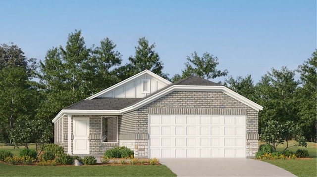 3020 Blue Gem Ct, Katy, TX 77493 - view of front facade featuring an attached garage, concrete driveway, a front lawn, board and batten siding, and stone siding