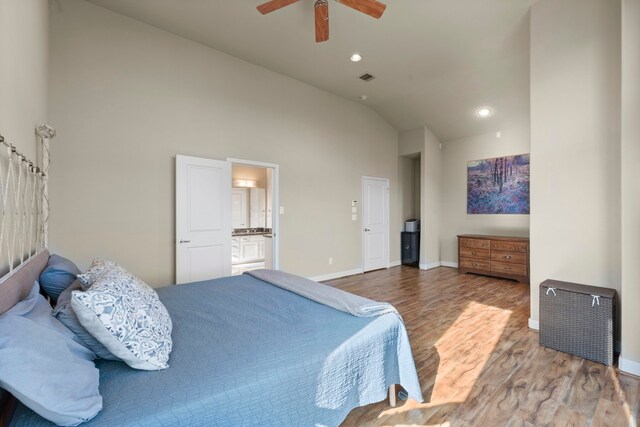 5122 Lillian St, Houston, TX 77007 - bedroom with wood finished floors, recessed lighting, ceiling fan, and high vaulted ceiling
