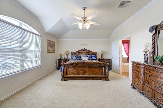 24514 Hikers Bend Dr, Katy, TX 77493 - bedroom with multiple windows, light carpet, vaulted ceiling, ornamental molding, and a ceiling fan