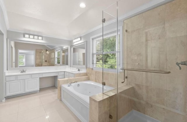 9110 Memorial Creek Dr, Spring, TX 77379 - full bathroom featuring a stall shower, a garden tub, vanity, tile patterned floors, and ornamental molding