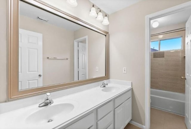 9110 Memorial Creek Dr, Spring, TX 77379 - bathroom with double vanity, tile patterned floors, and shower / bath combination