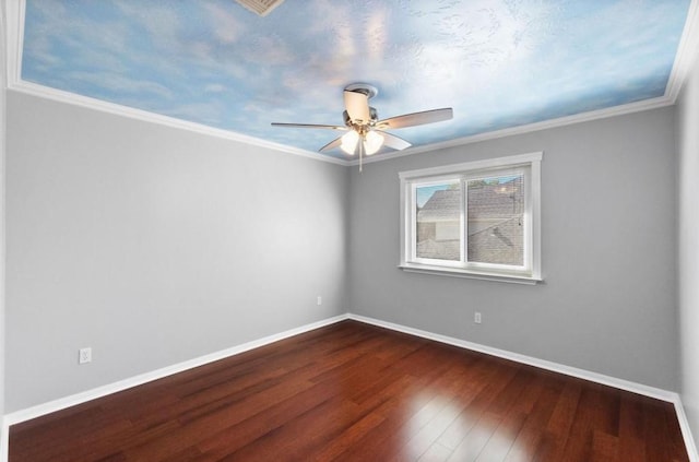 9110 Memorial Creek Dr, Spring, TX 77379 - empty room featuring a ceiling fan, dark wood finished floors, and crown molding