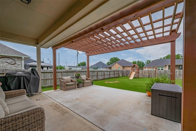 9119 Anna St, Needville, TX 77461 - fenced backyard with area for grilling, a patio, a playground, and a pergola