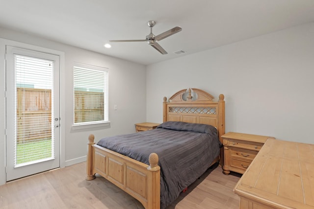 709 Sienna Palm Ln, Houston, TX 77008 - bedroom with light wood-style flooring, access to exterior, ceiling fan, and recessed lighting