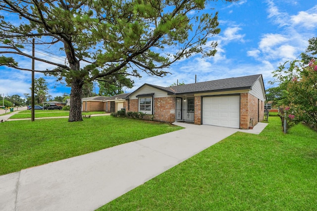 9611 Bertwood St, Houston, TX 77016 - ranch-style home with an attached garage, brick siding, a front yard, concrete driveway, and roof with shingles