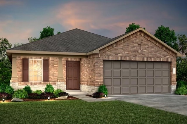 14842 Ash Landing Dr, Conroe, TX 77302 - ranch-style home featuring a garage, concrete driveway, a front yard, roof with shingles, and brick siding