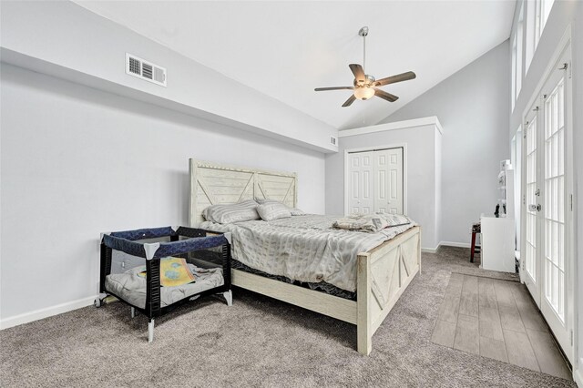 4358 Wildacres Dr, Houston, TX 77072 - bedroom with light colored carpet, lofted ceiling, a ceiling fan, and a closet