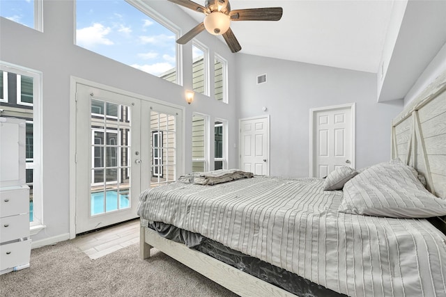 4358 Wildacres Dr, Houston, TX 77072 - bedroom with french doors, access to outside, carpet flooring, high vaulted ceiling, and a ceiling fan