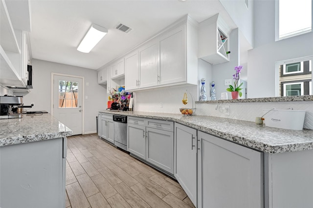 4358 Wildacres Dr, Houston, TX 77072 - kitchen featuring dishwasher, white cabinets, open shelves, and light wood-style floors