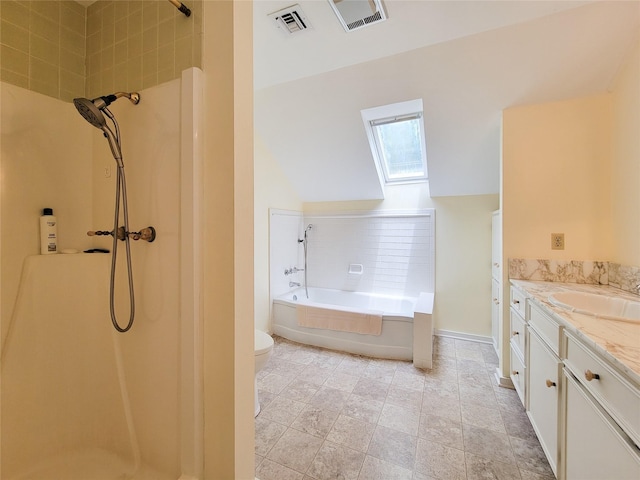 1406 Key St, Brenham, TX 77833 - bathroom featuring a skylight, a garden tub, a shower, and vanity