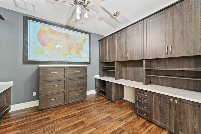 43919 Austin Branch Rd, Hempstead, TX 77445 - unfurnished office featuring dark wood finished floors, ceiling fan, and built in desk