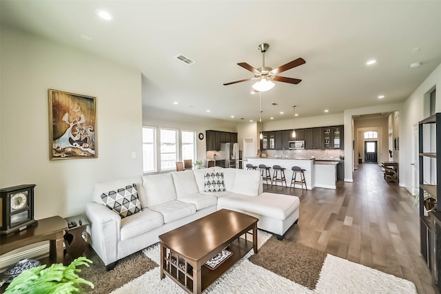1638 Dominion Heights Ln, Katy, TX 77423 - living room featuring recessed lighting, a ceiling fan, and dark wood-style floors