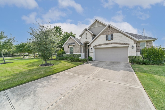 1638 Dominion Heights Ln, Katy, TX 77423 - view of front of house featuring concrete driveway, brick siding, a front lawn, and a garage