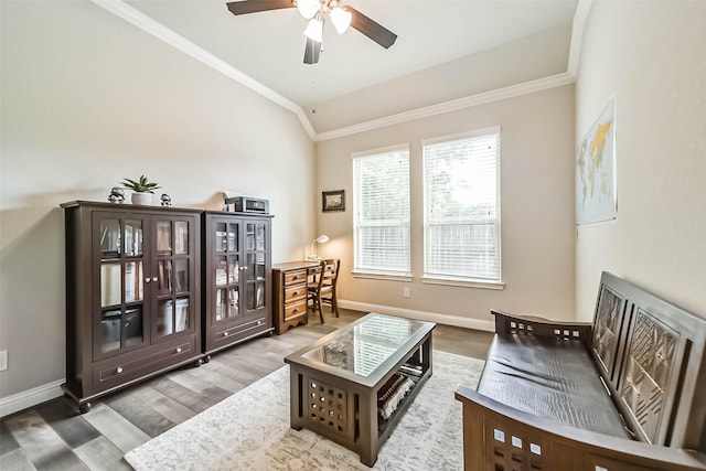 1638 Dominion Heights Ln, Katy, TX 77423 - living room with lofted ceiling, crown molding, wood finished floors, and a ceiling fan