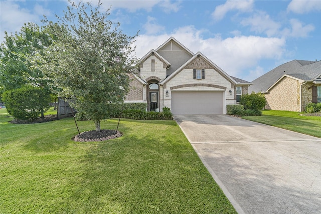 1638 Dominion Heights Ln, Katy, TX 77423 - french provincial home with stone siding, concrete driveway, a front yard, and a garage