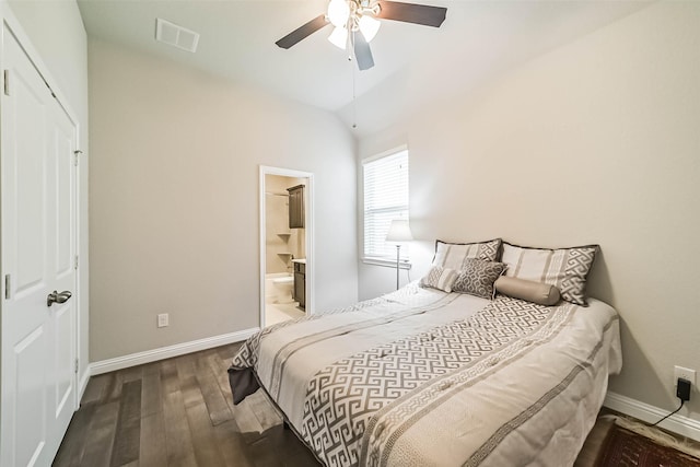 1638 Dominion Heights Ln, Katy, TX 77423 - bedroom with wood finished floors, lofted ceiling, ceiling fan, and ensuite bath