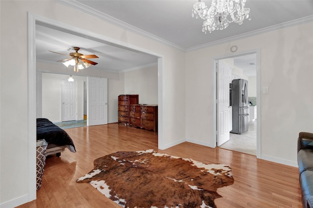 2010 Oceanview Dr, Seabrook, TX 77586 - bedroom featuring stainless steel fridge with ice dispenser, light wood-style floors, crown molding, and a chandelier