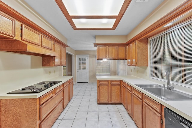 4327 Long Glen Dr, Houston, TX 77339 - kitchen featuring black dishwasher, electric cooktop, light countertops, light tile patterned floors, and a peninsula