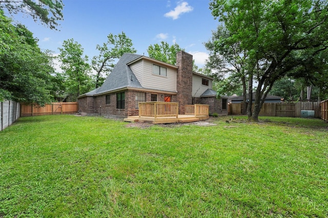 4327 Long Glen Dr, Houston, TX 77339 - back of property with a fenced backyard, a wooden deck, a chimney, and brick siding