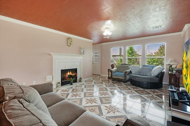 10819 Belle Haven Dr, Houston, TX 77065 - tiled living room with a premium fireplace and ornamental molding