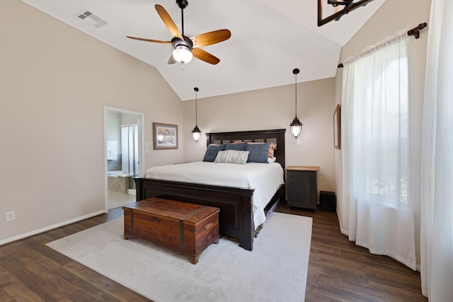19610 Blushing Meadow Dr, Cypress, TX 77433 - bedroom with high vaulted ceiling, dark wood-style flooring, connected bathroom, and a ceiling fan