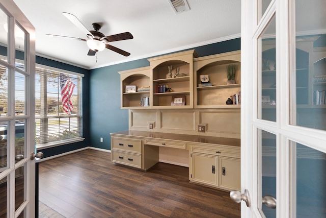 19610 Blushing Meadow Dr, Cypress, TX 77433 - unfurnished office featuring french doors, ceiling fan, dark wood-type flooring, built in study area, and ornamental molding