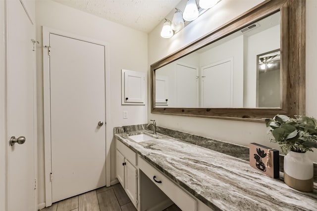 622 Magnolia Bend St, League City, TX 77573 - bathroom with vanity, a textured ceiling, and wood finished floors