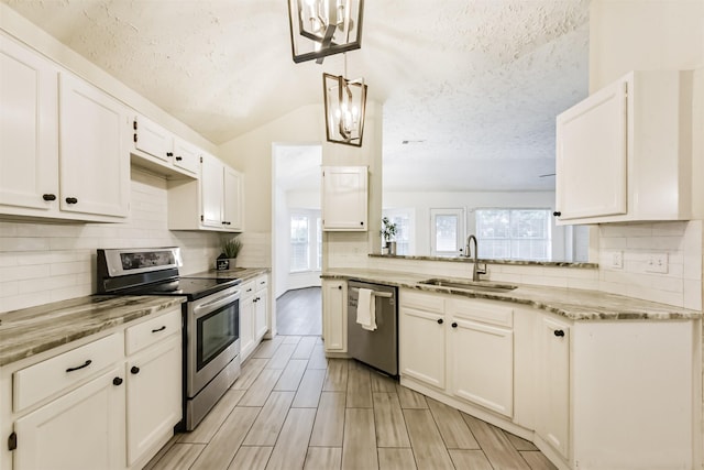622 Magnolia Bend St, League City, TX 77573 - kitchen with appliances with stainless steel finishes, a textured ceiling, plenty of natural light, light stone counters, and vaulted ceiling