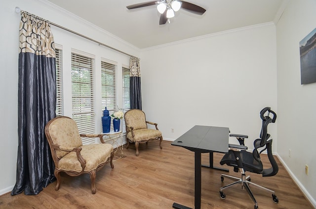 25619 Tower Side Ln, Katy, TX 77494 - office space with ornamental molding, wood finished floors, and a ceiling fan