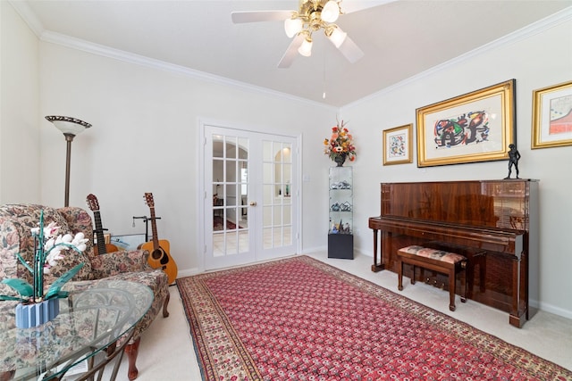 7311 Open Oak Way, Humble, TX 77346 - sitting room featuring carpet floors, crown molding, french doors, and ceiling fan
