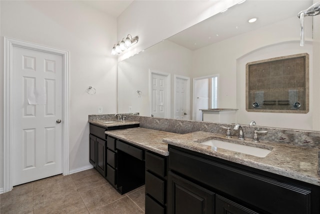 4831 Sunset Park Ln, Rosharon, TX 77583 - bathroom with double vanity and tile patterned flooring