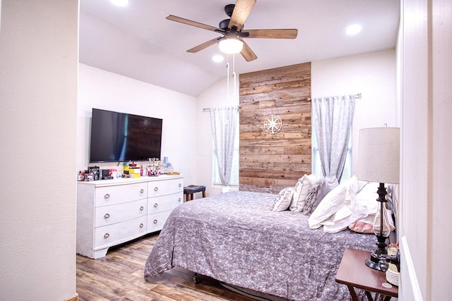 1226 Rd 5007, Cleveland, TX 77327 - bedroom featuring lofted ceiling, wood finished floors, wooden walls, recessed lighting, and ceiling fan