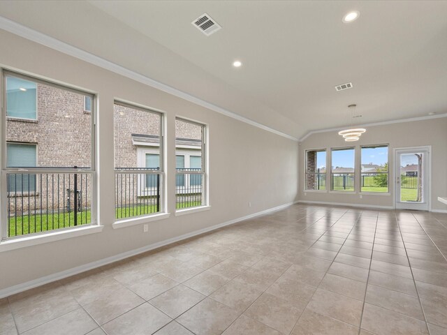 15754 Cairnwell Bend Dr, Humble, TX 77346 - unfurnished room with light tile patterned flooring, ornamental molding, vaulted ceiling, recessed lighting, and a chandelier