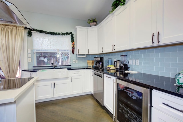 840 Threadneedle St E Unit 208, Houston, TX 77079 - kitchen featuring beverage cooler, dishwasher, tasteful backsplash, dark wood-style floors, and white cabinets