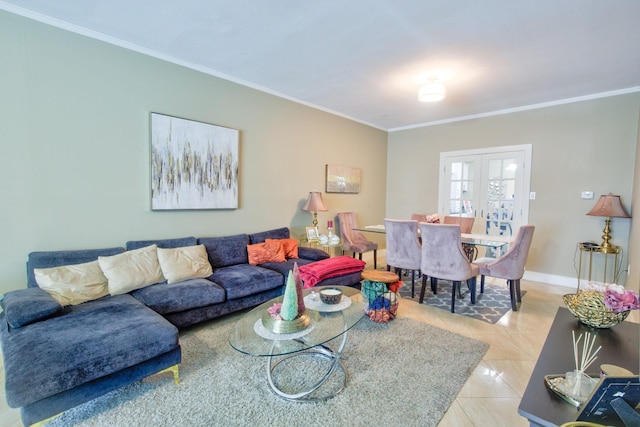 840 Threadneedle St E Unit 208, Houston, TX 77079 - living area featuring french doors, ornamental molding, and light tile patterned floors