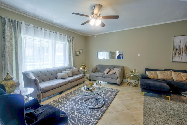 840 Threadneedle St E Unit 208, Houston, TX 77079 - living room with ceiling fan, crown molding, and light tile patterned floors