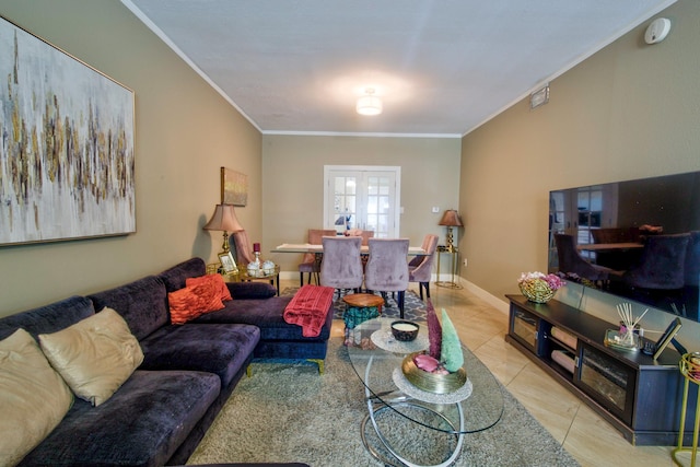 840 Threadneedle St E Unit 208, Houston, TX 77079 - living area featuring light tile patterned floors, french doors, and crown molding